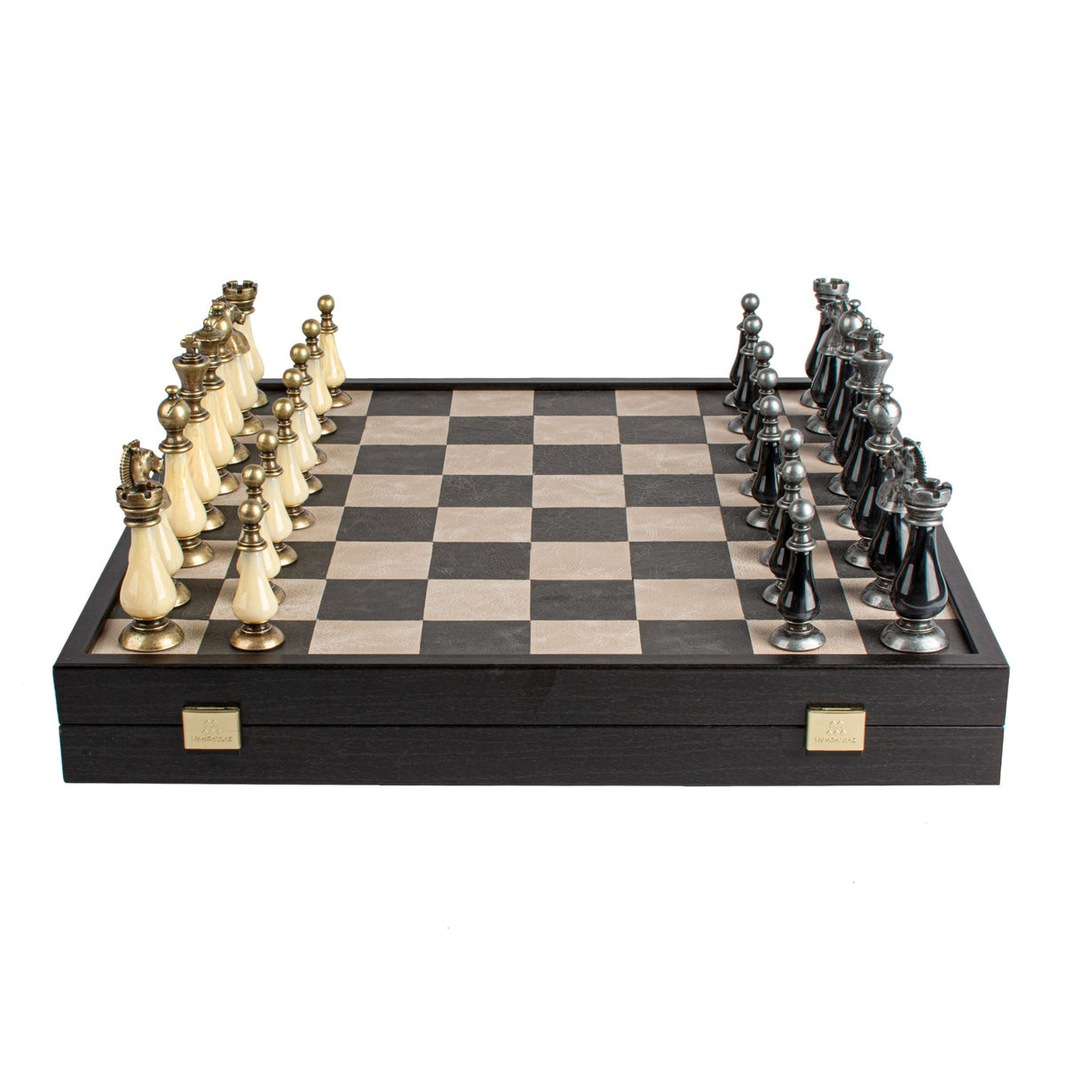 Luxury Leather Chess Set with Brass and Pewter Finish Chessmen by Manopoulos - Package View