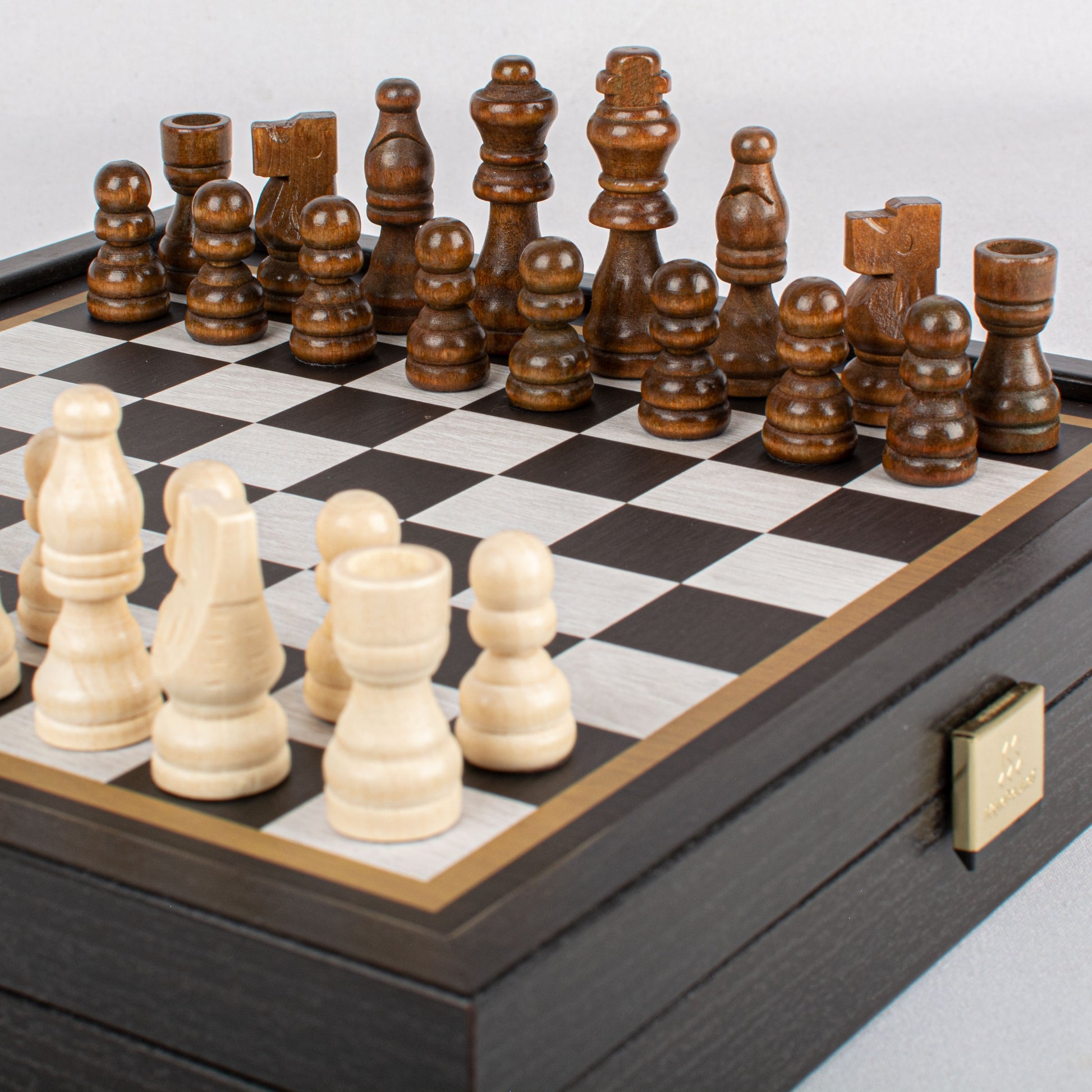 Modern 2-in-1 Combo Game Set - Chess & Backgammon in Black Wenge Wooden Case (Small) by Manopoulos - Set View