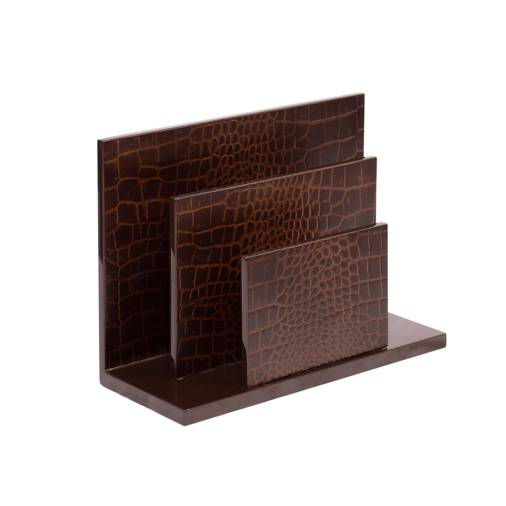 Brown crocodile-patterned leather wallet on a white background