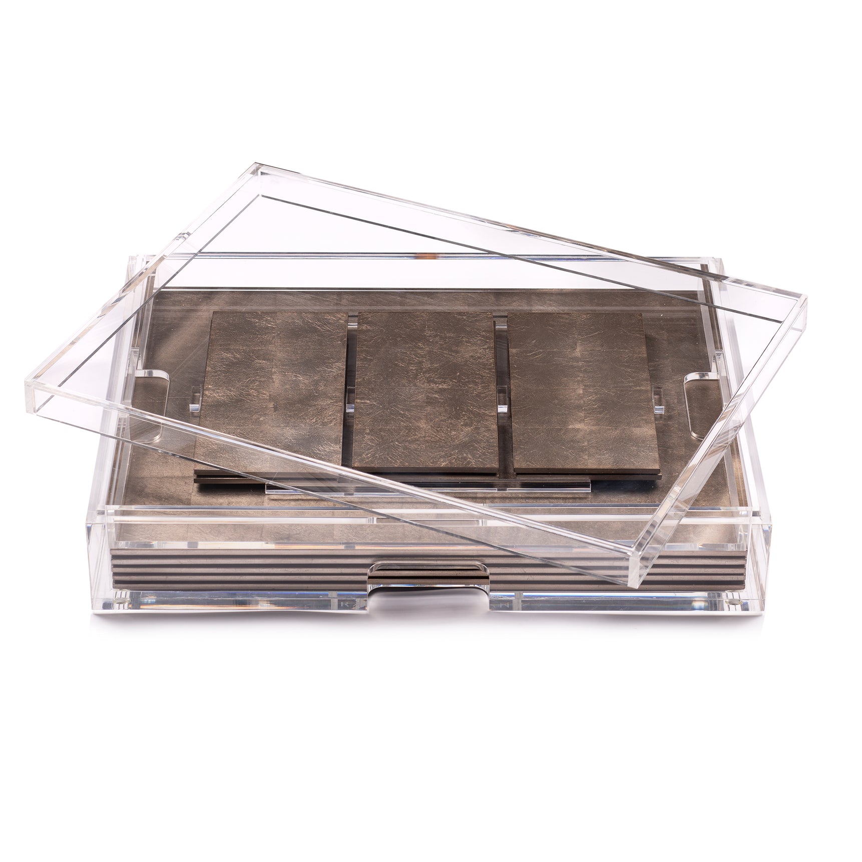 Clear plastic container with wooden blocks on a white background