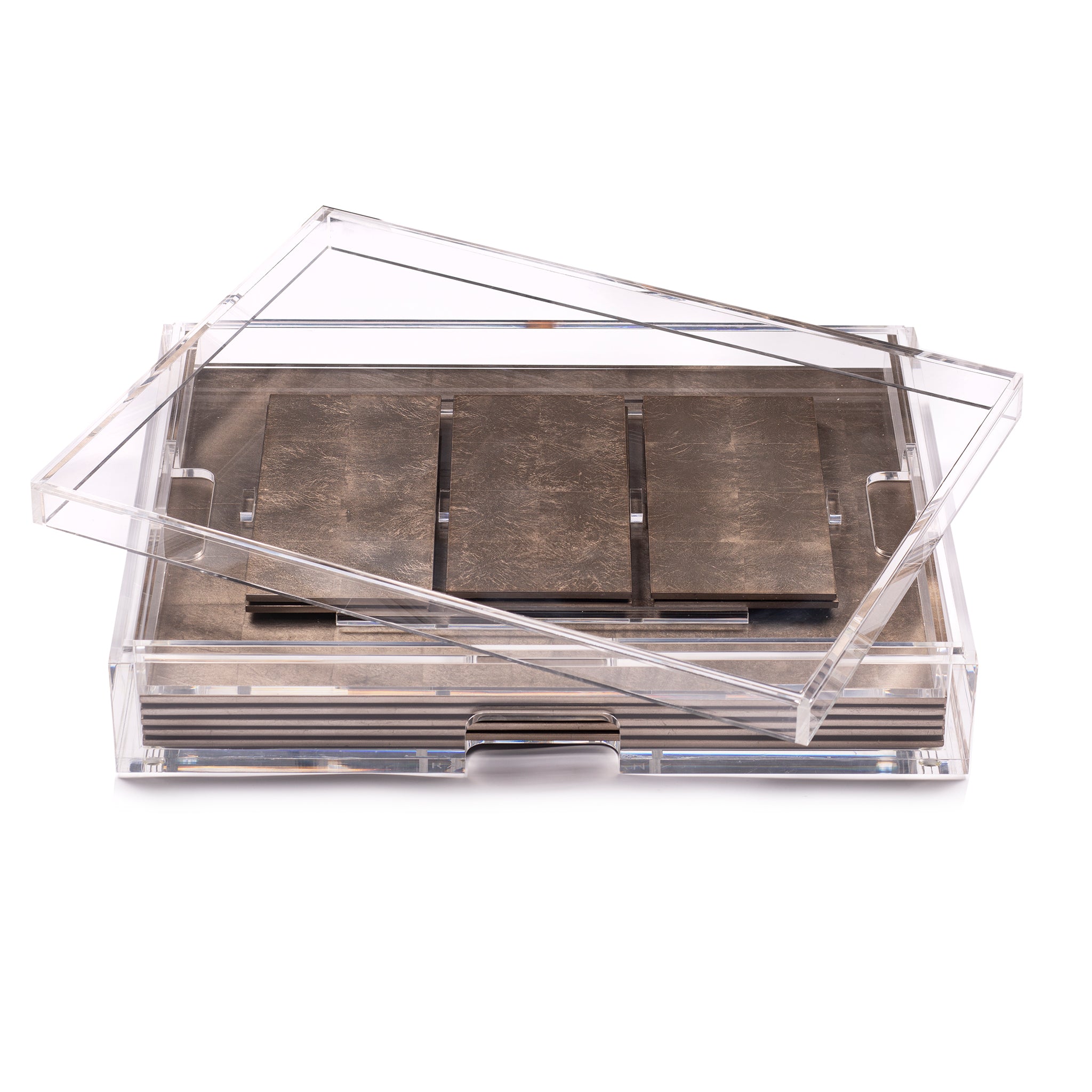 Clear plastic container with wooden blocks on a white background