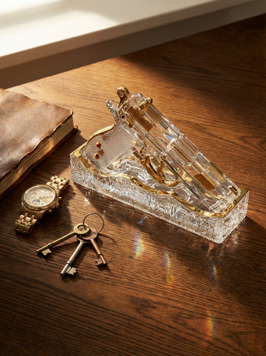 22K Gold crystal sculpture styled on a desk