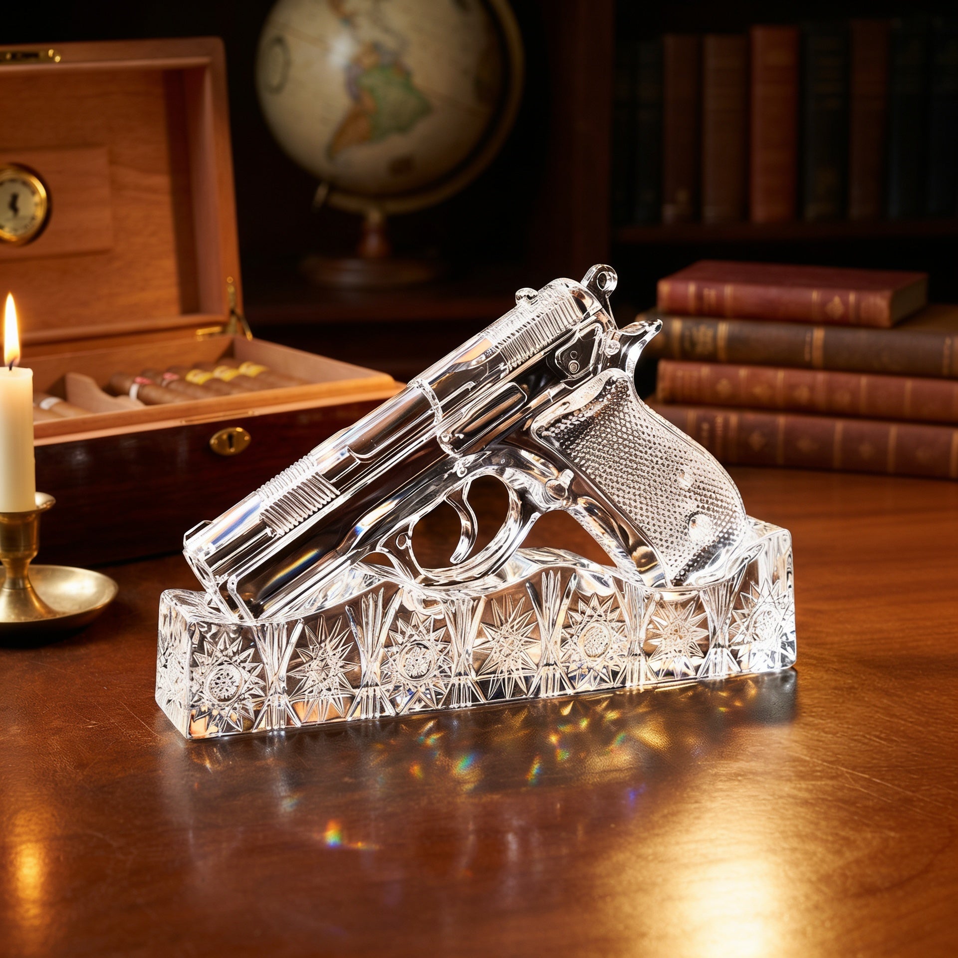 Signature Engraved crystal sculpture on its hand-engraved base, styled in a study