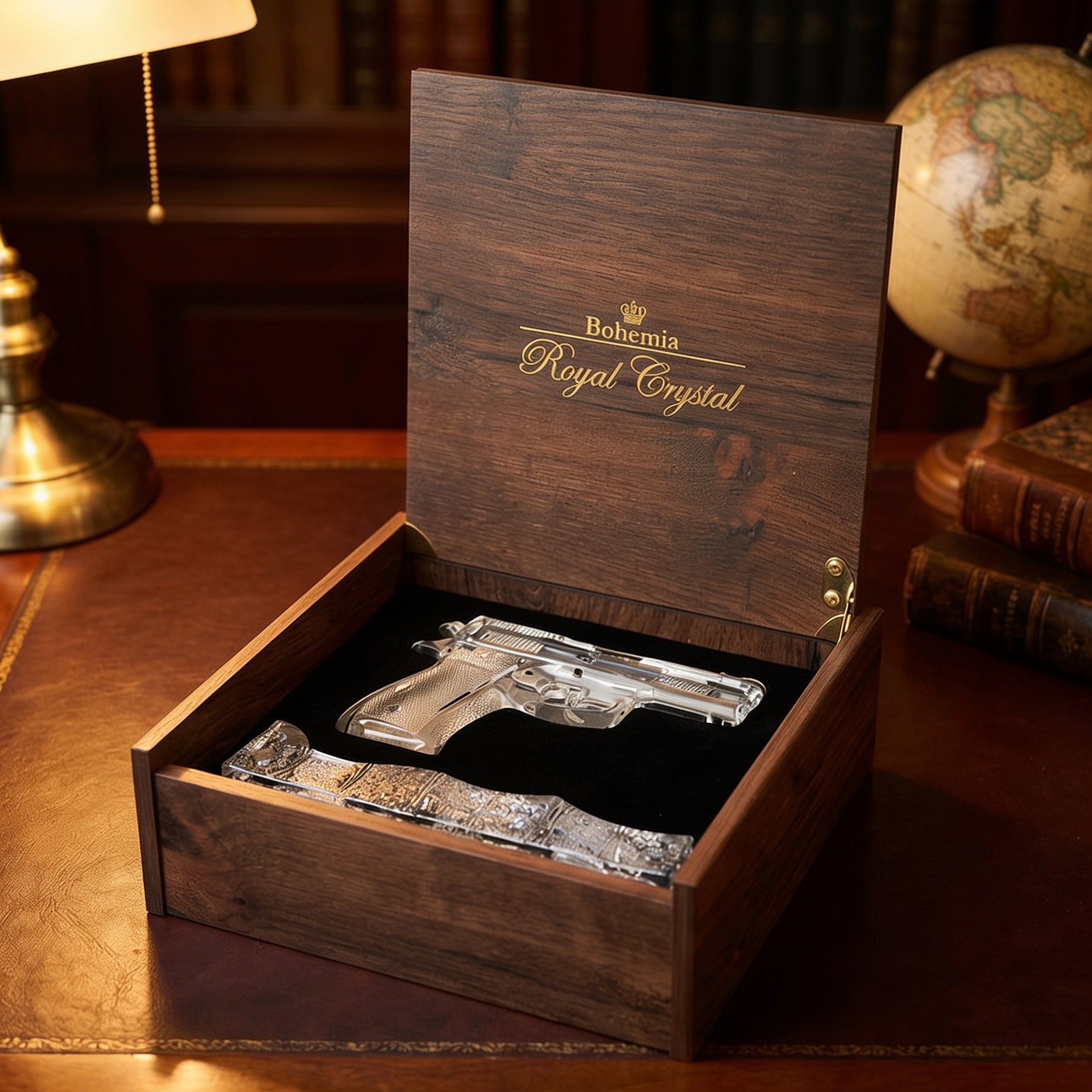 Signature Engraved crystal sculpture in its Bohemia Royal Crystal oak presentation box on a study desk