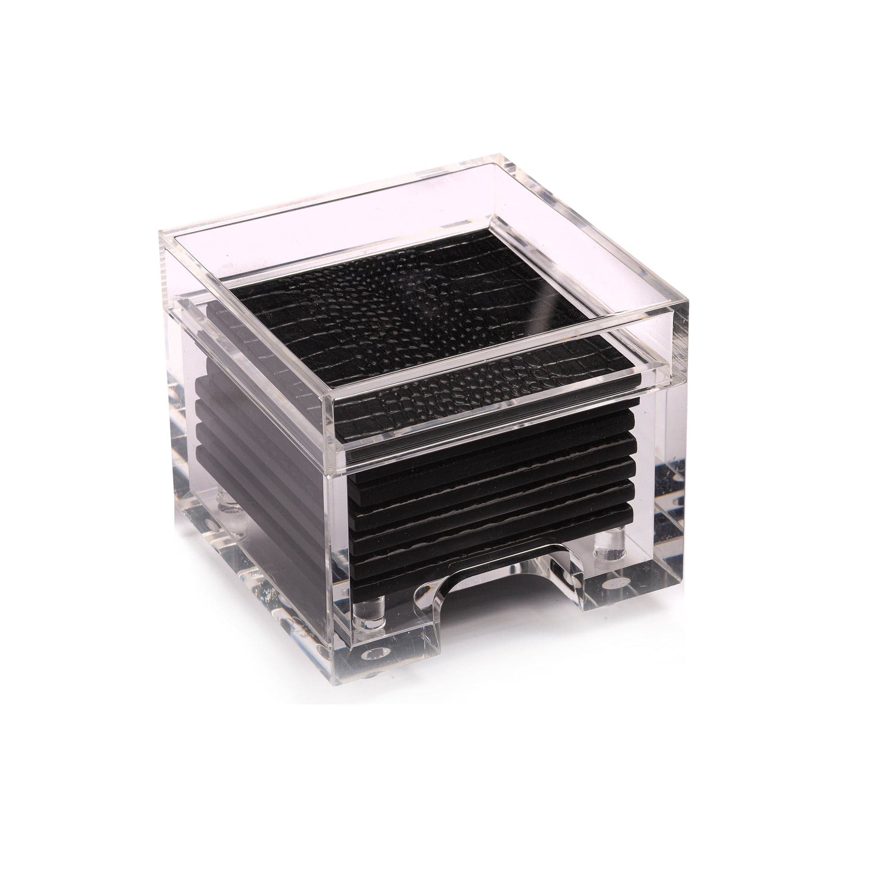 Clear acrylic cube with black textured panels on a white background