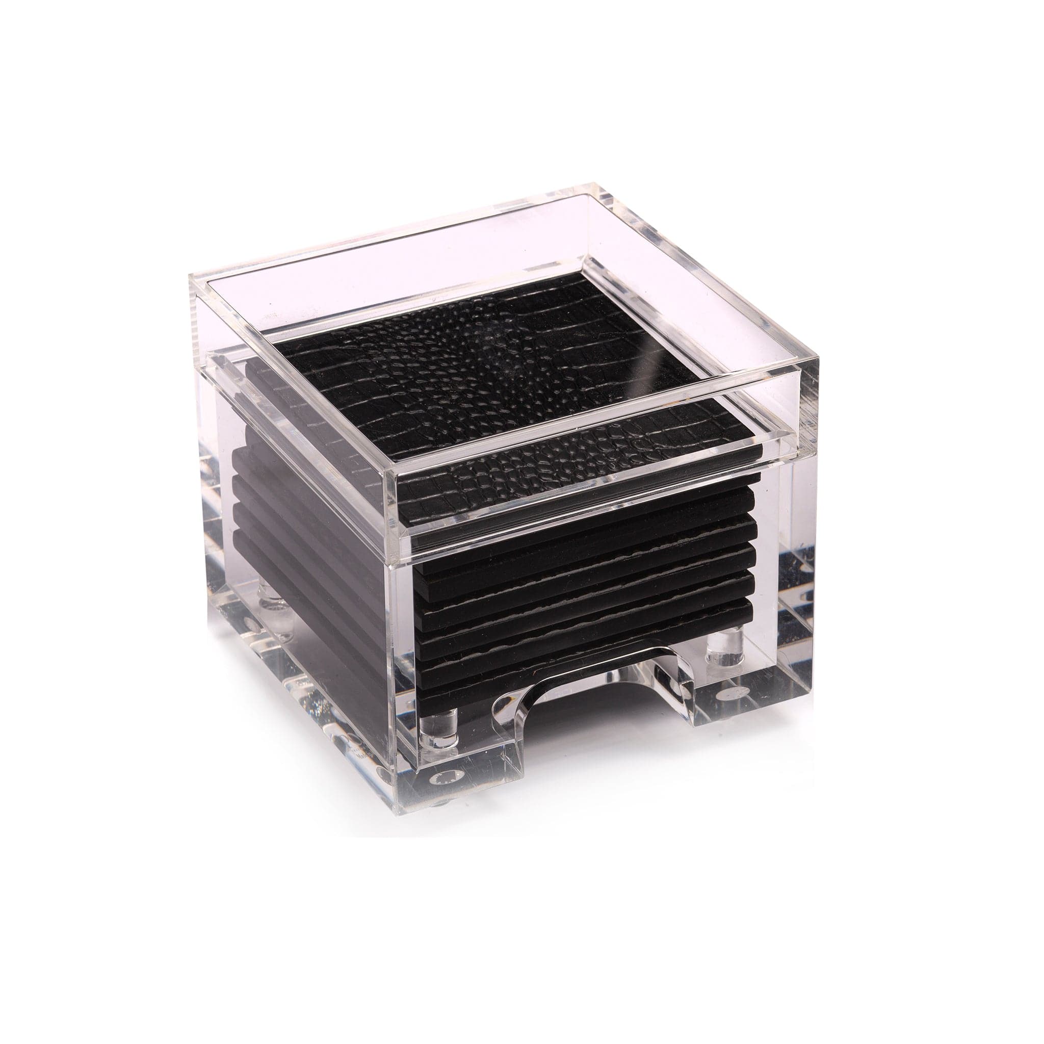 Clear acrylic cube with black textured panels on a white background