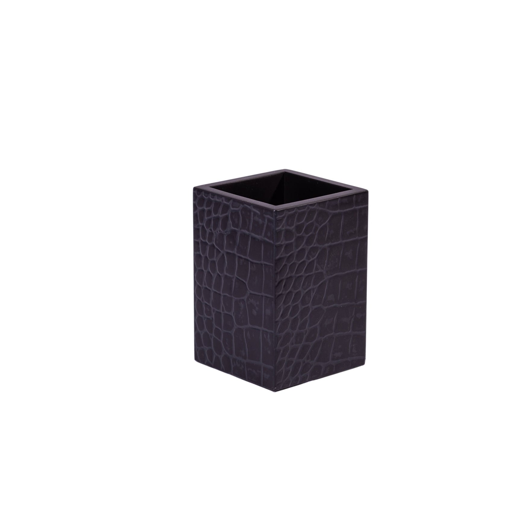 Black crocodile-patterned pen holder on a white background