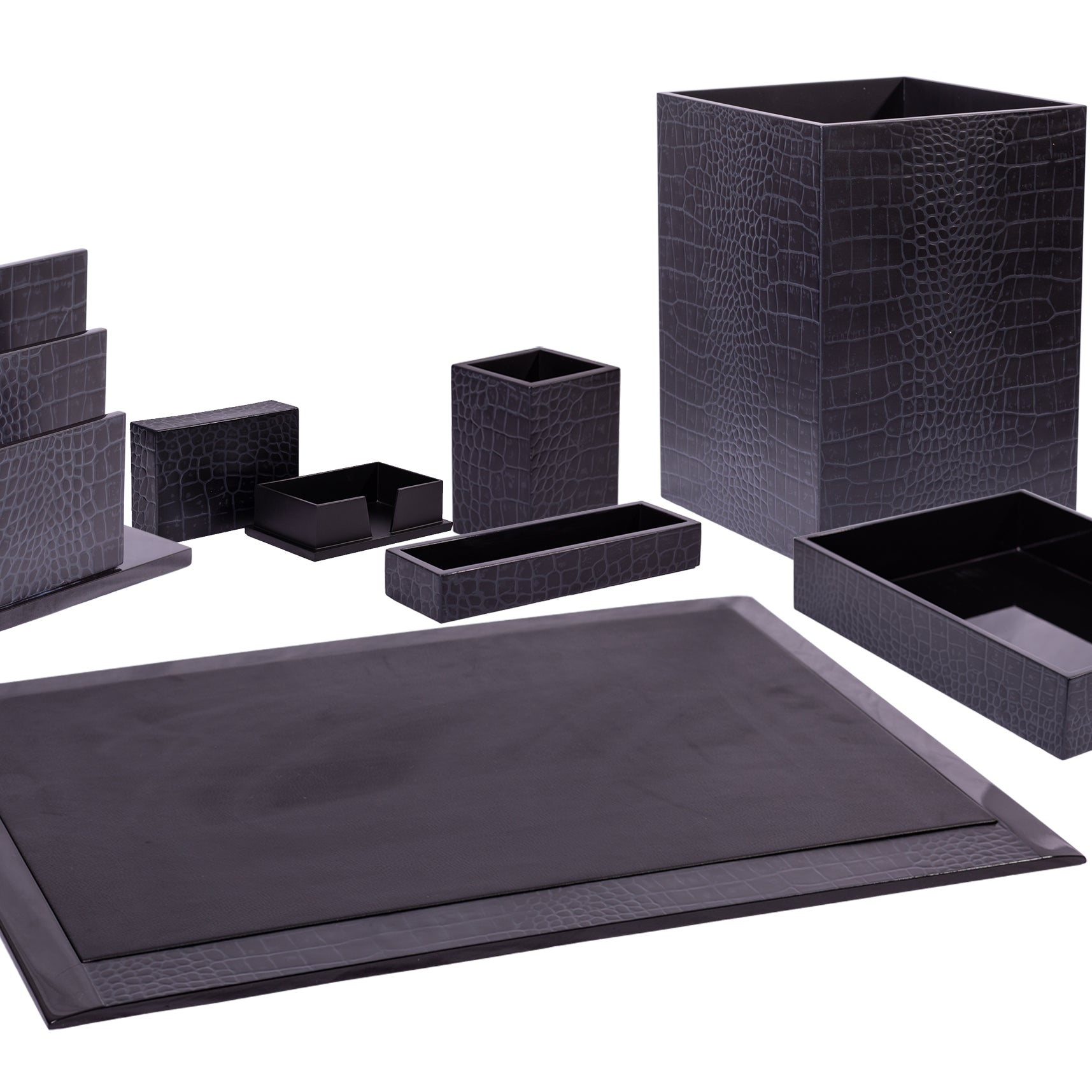 Black desk organizer set with various compartments on a white background