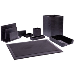 Black desk organizer set with various compartments on a white background