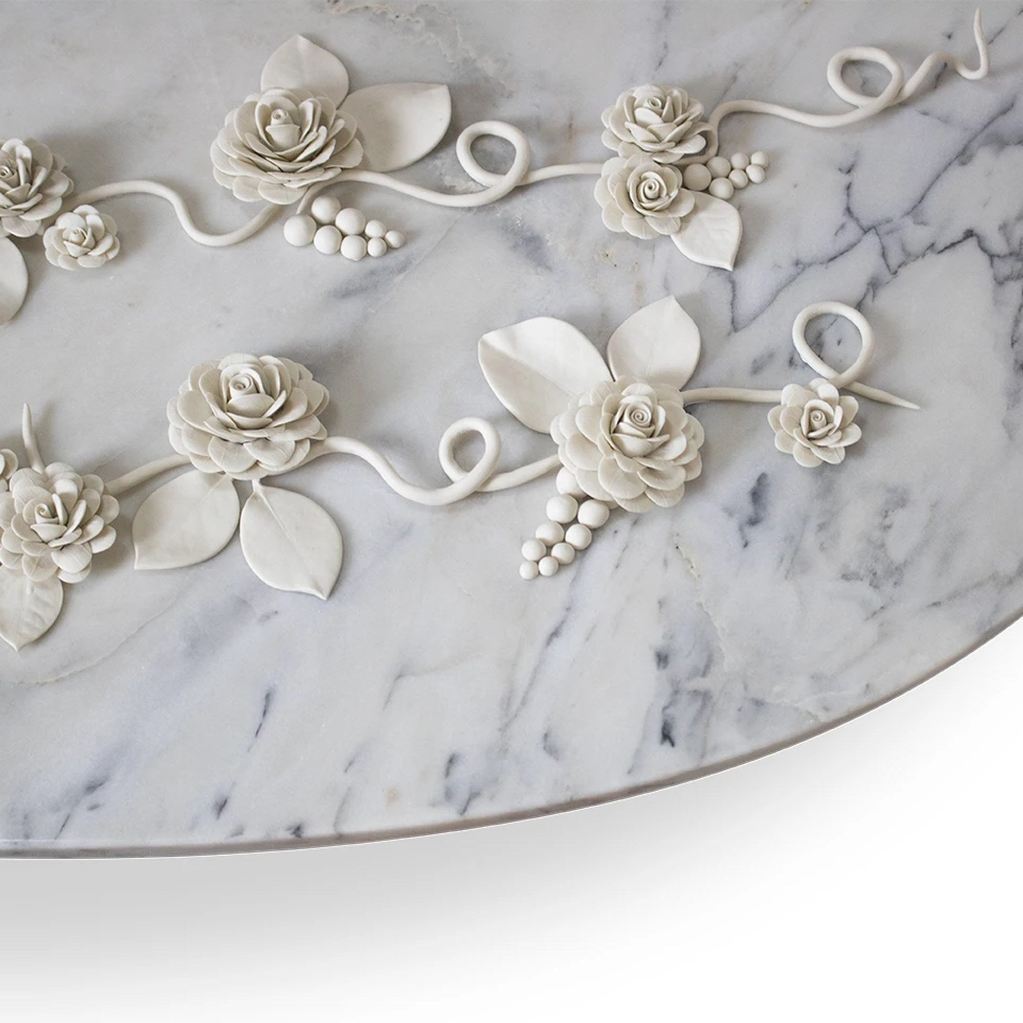 Cardosas Round Dining Table, Estremoz Marble and Limoges Porcelain — Alma De Luce