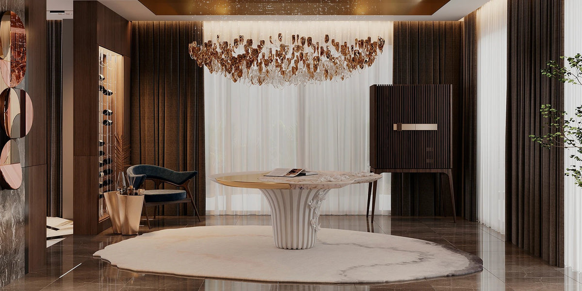 Cardosas Round Dining Table, Estremoz Marble and Limoges Porcelain, Ø180 cm | Alma De Luce