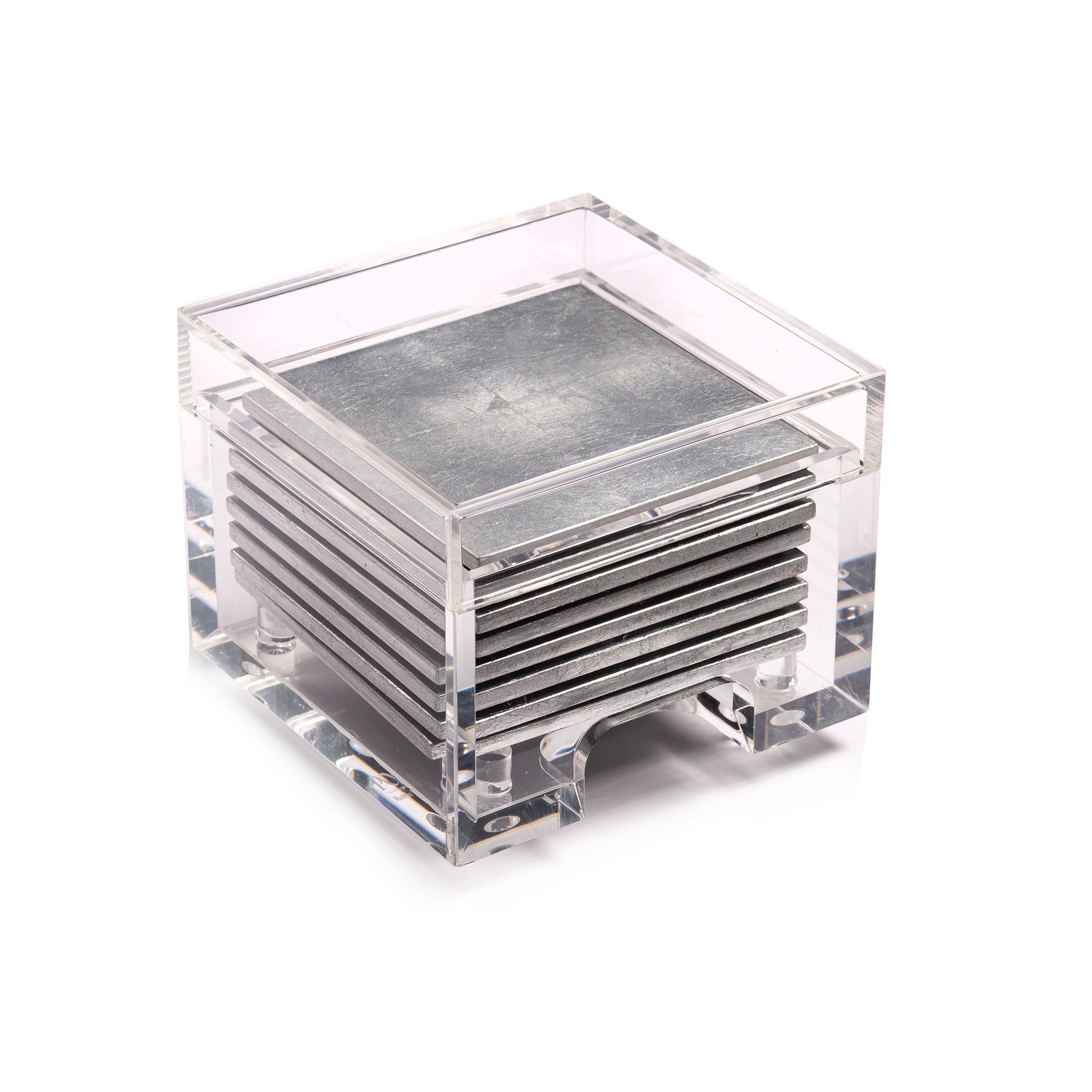 Stack of metal coasters in a clear acrylic holder on a white background