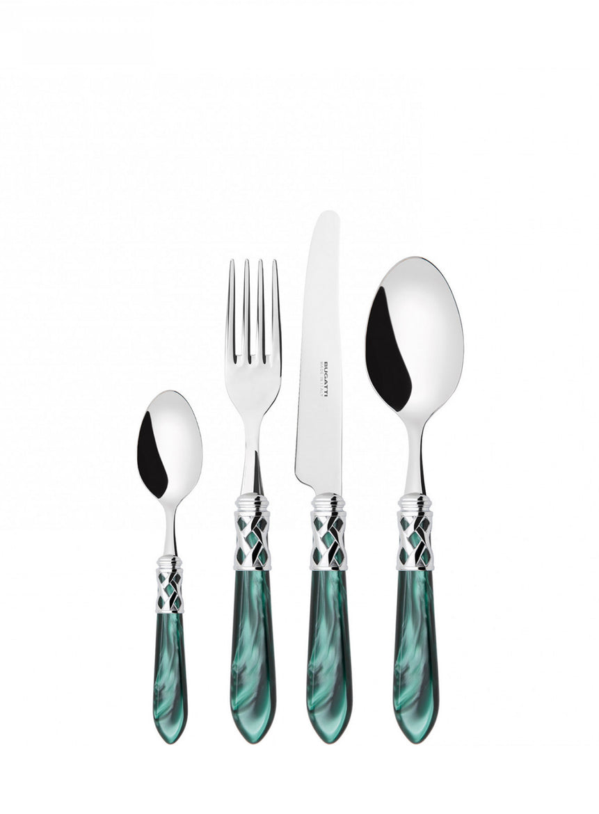 طقم ملاعق وشوك وسكاكين ألادين بحلقة كروم – 75 قطعة – لون أخضر لؤلؤي – صندوق خشب وينجي