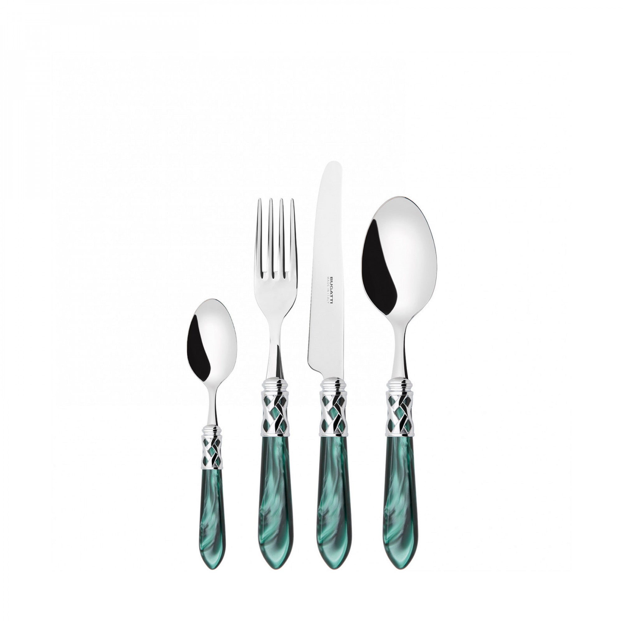 طقم ملاعق وشوك وسكاكين ألادين بحلقة كروم – 75 قطعة – لون أخضر لؤلؤي – صندوق خشب وينجي