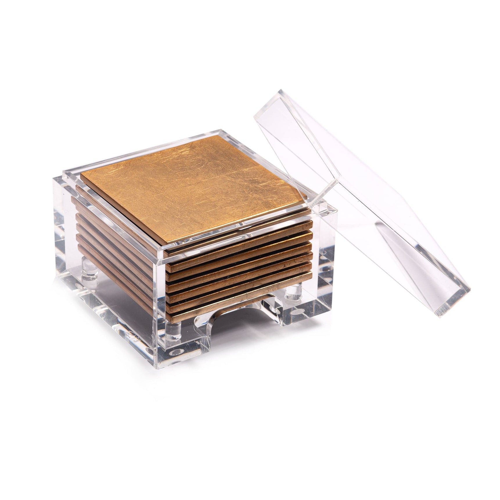 Clear acrylic coaster set with gold coasters on a white background