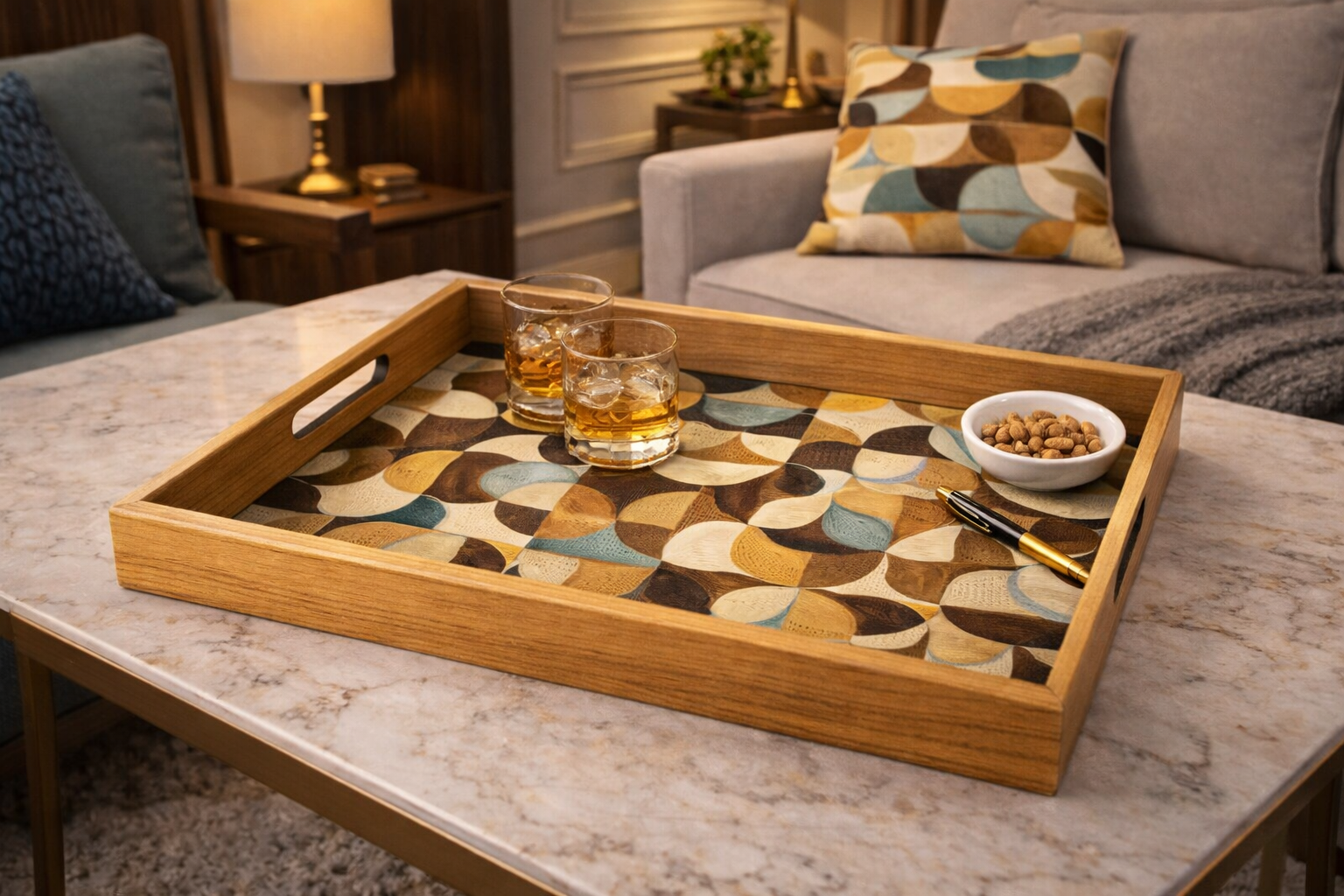 WOODEN TRAY with printed design - ART DECO TURQUOISE by Manopoulos - Main View