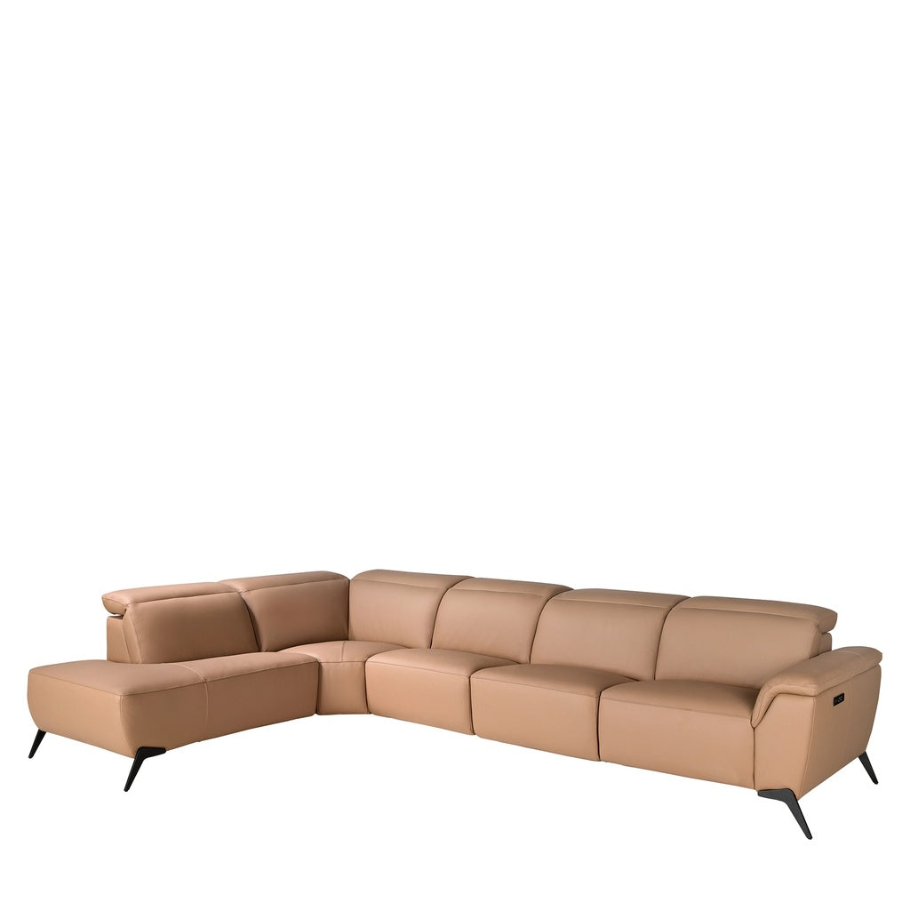 Left-hand modular chaise longue sofa in brown leather