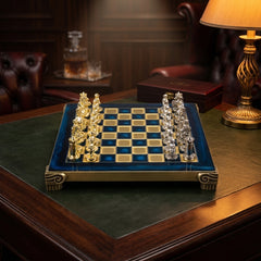 Luxury Blue & Gold Metal Chess Set by Manopoulos - Main View