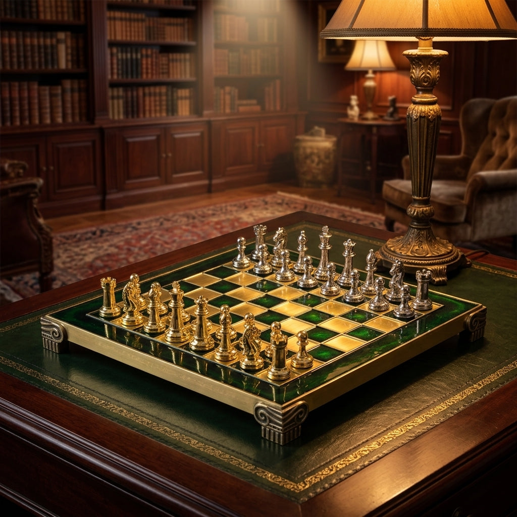Luxury Green & Gold Metal Chess Set by Manopoulos - Main View