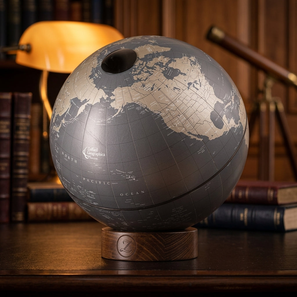 Orbis Dove Grey Desk Globe – Hand-Finished Beechwood Base – Contemporary Consultable Map by Zoffoli - Main View