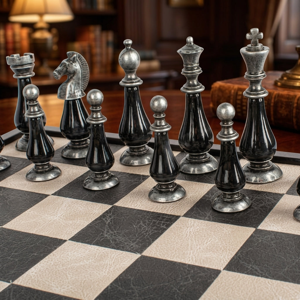 Luxury Leather Chess Set with Brass and Pewter Finish Chessmen by Manopoulos - Close-up
