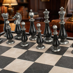 Luxury Leather Chess Set with Brass and Pewter Finish Chessmen by Manopoulos - Close-up