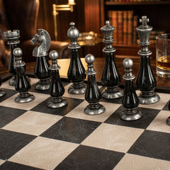 Luxury Leather Chess Set with Brass and Pewter Finish Chessmen by Manopoulos - Detail View