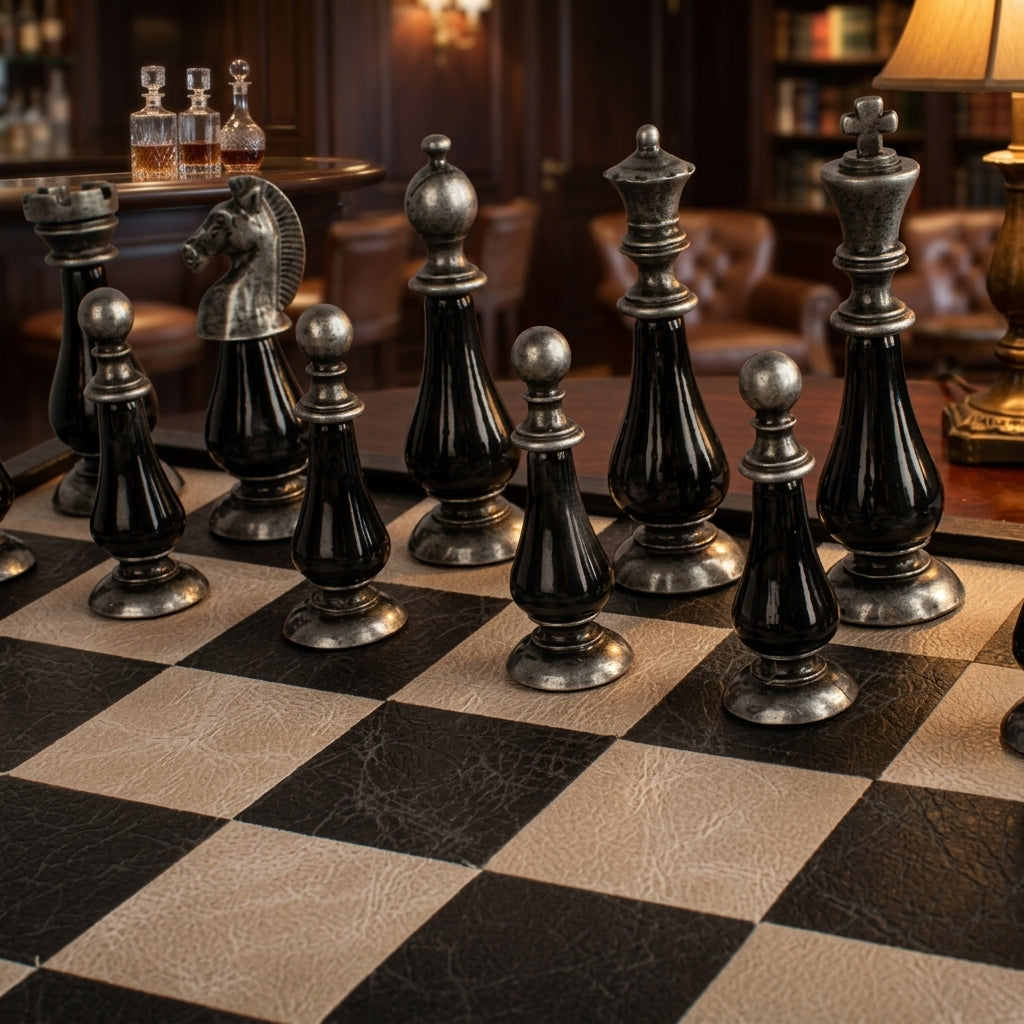 Luxury Leather Chess Set with Brass and Pewter Finish Chessmen by Manopoulos - Alternate Angle