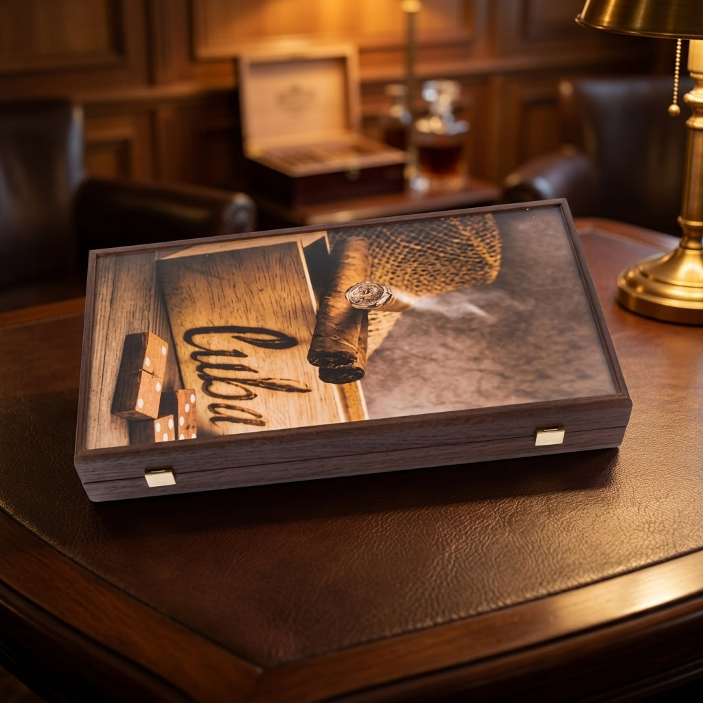 Handcrafted Robusto Cigar Backgammon Set by Manopoulos - Close-up