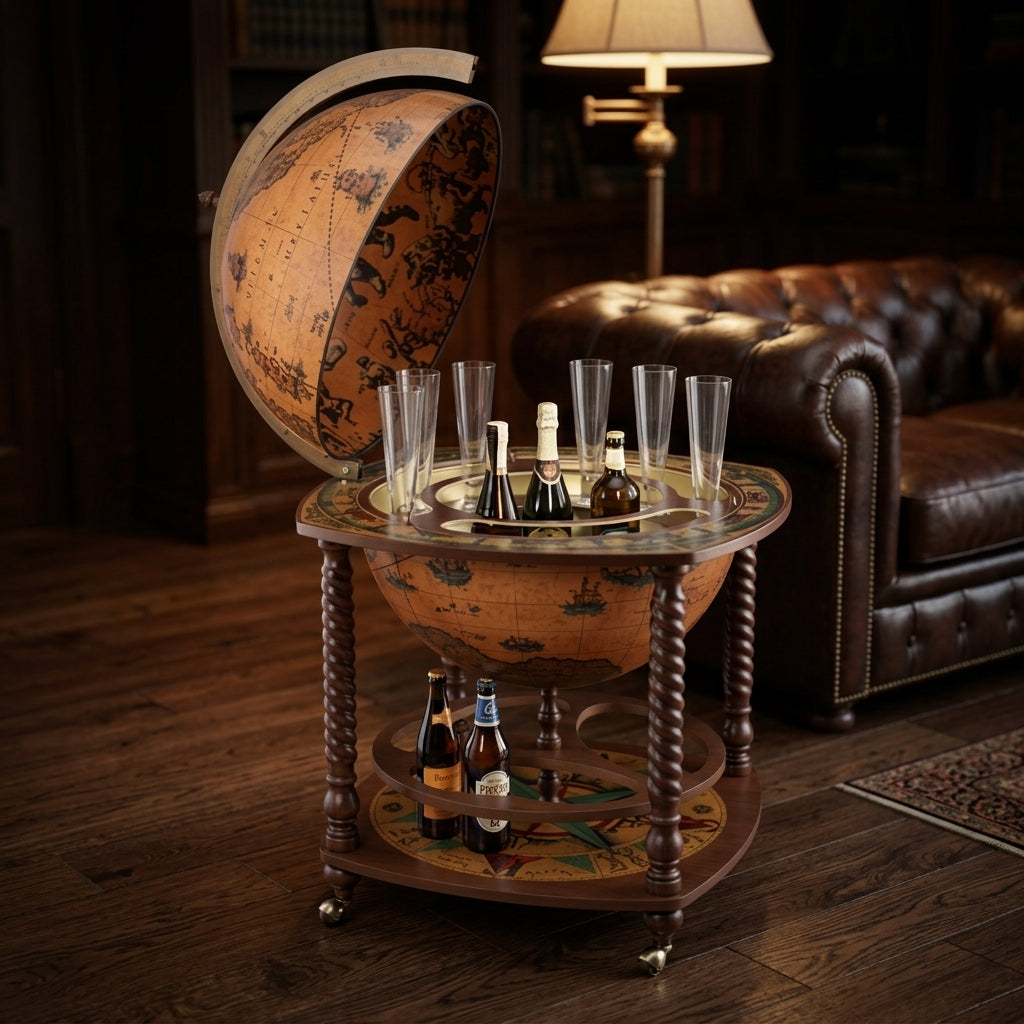Caronte Trolley Globe – 16th Century Cartography – Rotating Globe with Drinks Cabinet on Wheels by Zoffoli - Close-up