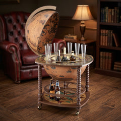 Caronte Trolley Globe – 16th Century Cartography – Rotating Globe with Drinks Cabinet on Wheels by Zoffoli - Detail View
