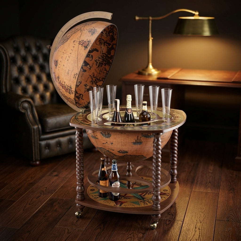 Caronte Trolley Globe – 16th Century Cartography – Rotating Globe with Drinks Cabinet on Wheels by Zoffoli - Alternate Angle