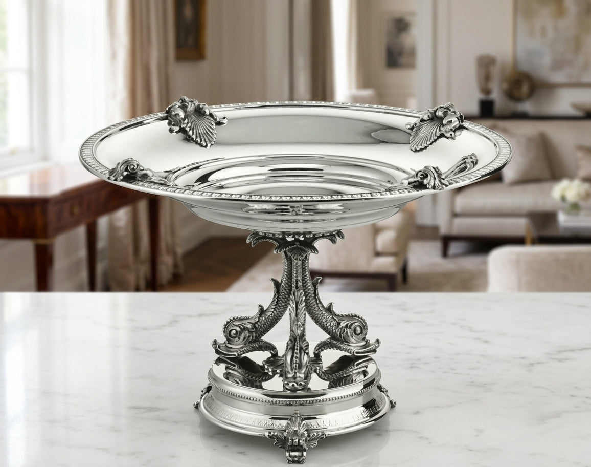 Argenti d'arte - round chiselled stand bowl w/dolphins by Schiavon - Main View