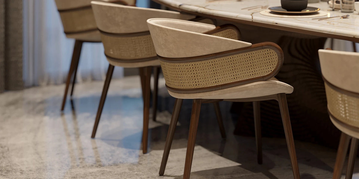 Mudhif Dining Armchair in Suede and Walnut | Alma De Luce
