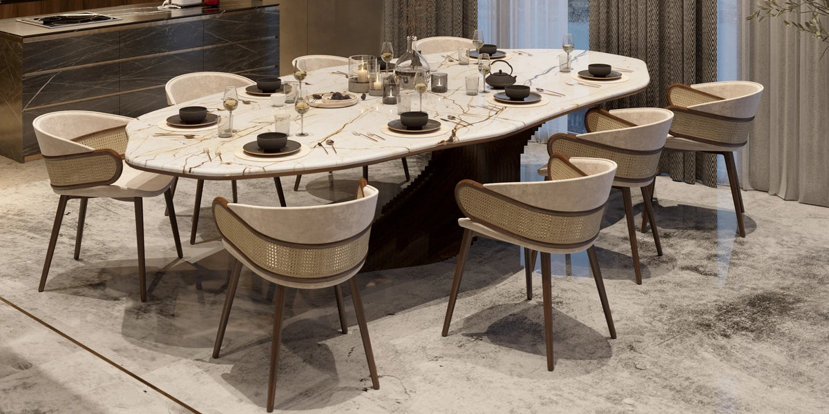 Mudhif Dining Chairs in Walnut and Leather, Set of 6 | Alma De Luce