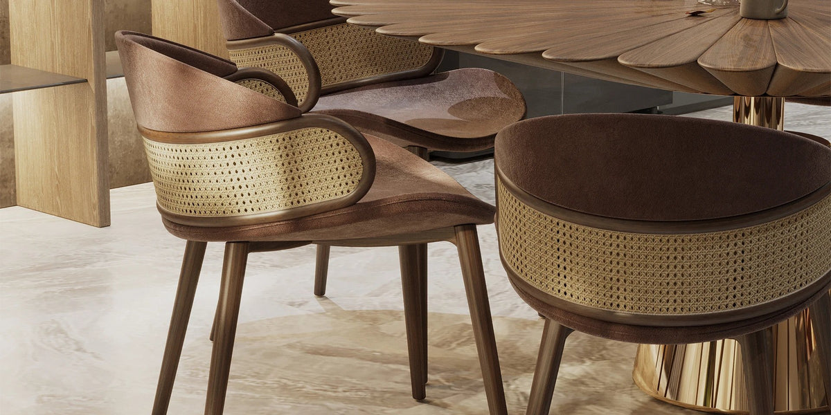 Mudhif Dining Chairs in Walnut and Leather, Set of 6 | Alma De Luce