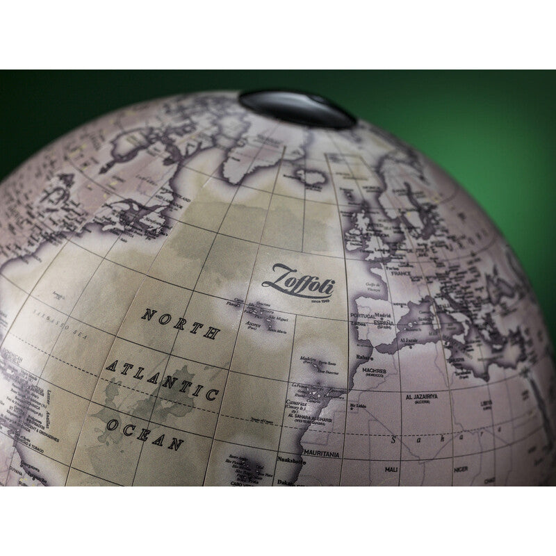 Orbis Sage Green Desk Globe – Hand-Finished Beechwood Base – Contemporary Consultable Map by Zoffoli - Detail View