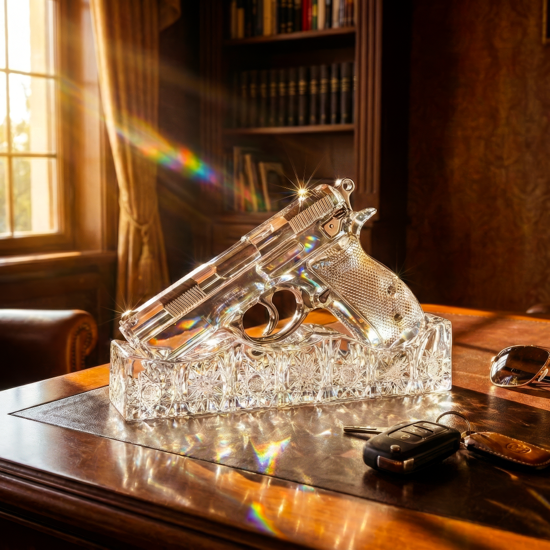 Platinum crystal sculpture styled on a desk