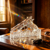 Platinum crystal sculpture styled on a desk