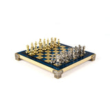 Luxury Blue & Gold Metal Chess Set by Manopoulos - Close-up