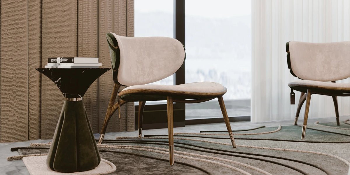 Uchiwa Armchair in Velvet and American Walnut with Fan Back | Alma De Luce