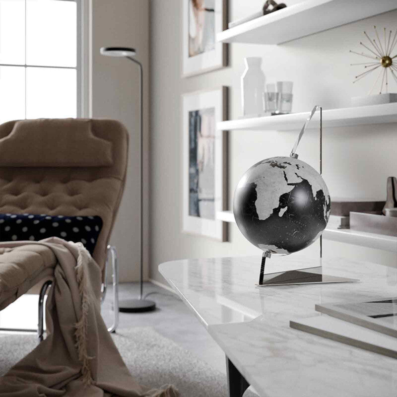 Vela Black Desk Globe – Contemporary Marble-Black Map – Acrylic Sail Frame, Italian Design by Zoffoli - Main View