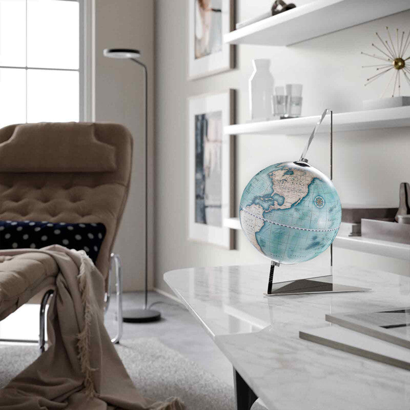 Vela Indaco Desk Globe – Indigo Blue Contemporary Map – Acrylic Sail Frame, Italian Design by Zoffoli - Main View