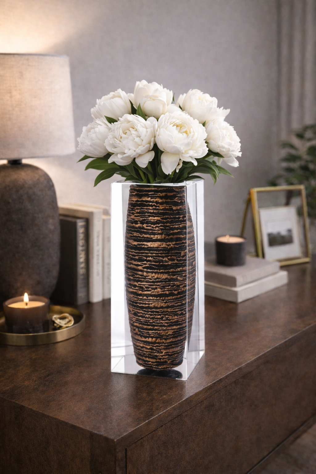 Waist-Drum Acrylic Art Vase – Golden Mottle by LAZADO-Decor - Main View