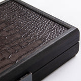 PLASTIC COATED PLAYING CARDS in Dark Grey Leather Croc tote wooden case by Manopoulos - Close-up