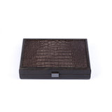 PLASTIC COATED PLAYING CARDS in Dark Grey Leather Croc tote wooden case by Manopoulos - Detail View