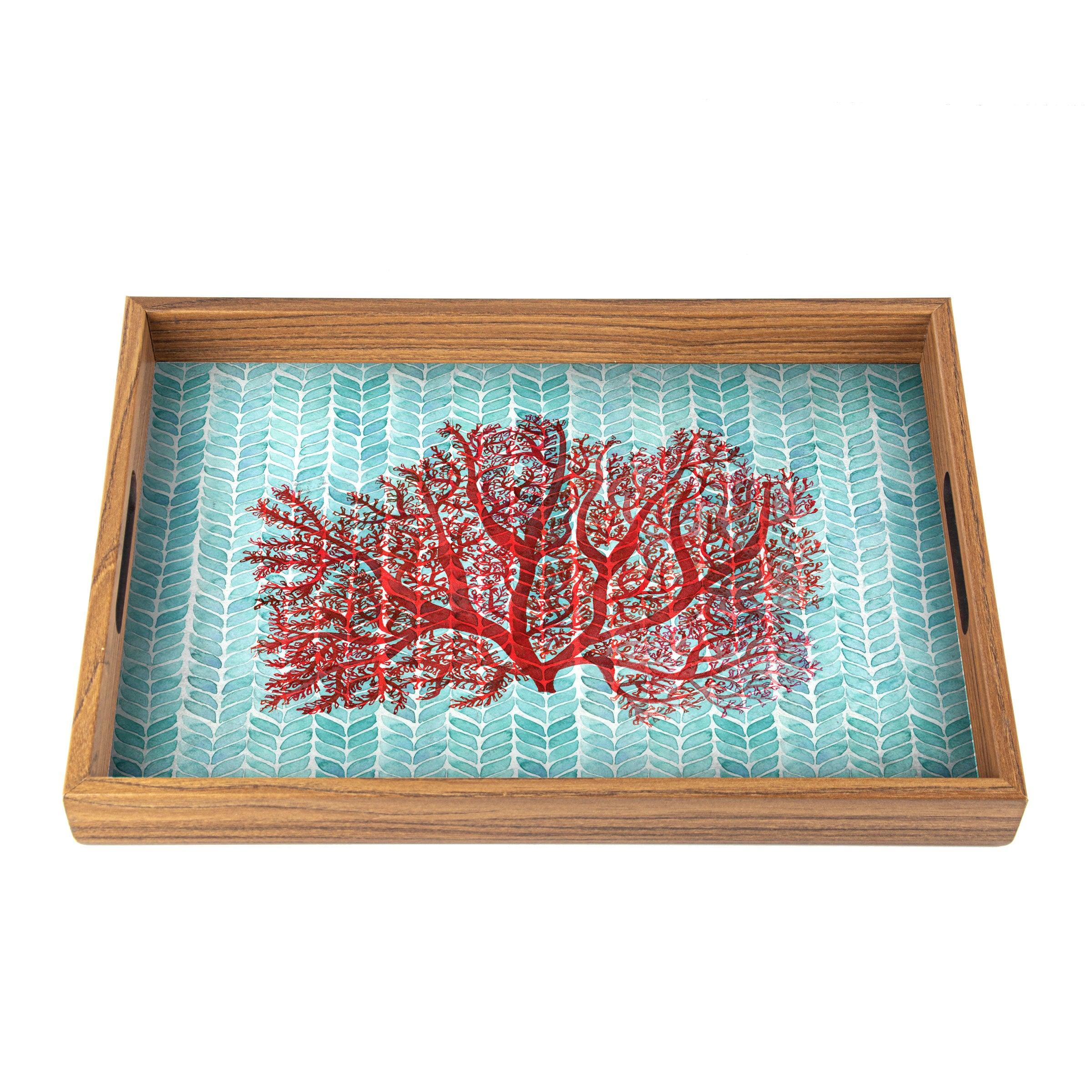 WOODEN TRAY with printed design - CORAL - LAZADO